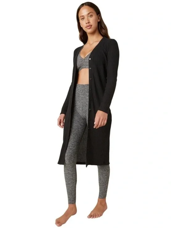 Beyond Yoga Your Line Waffle Knit 2 in 1 Duster Cardigan Dress size Large black - Picture 1 of 12